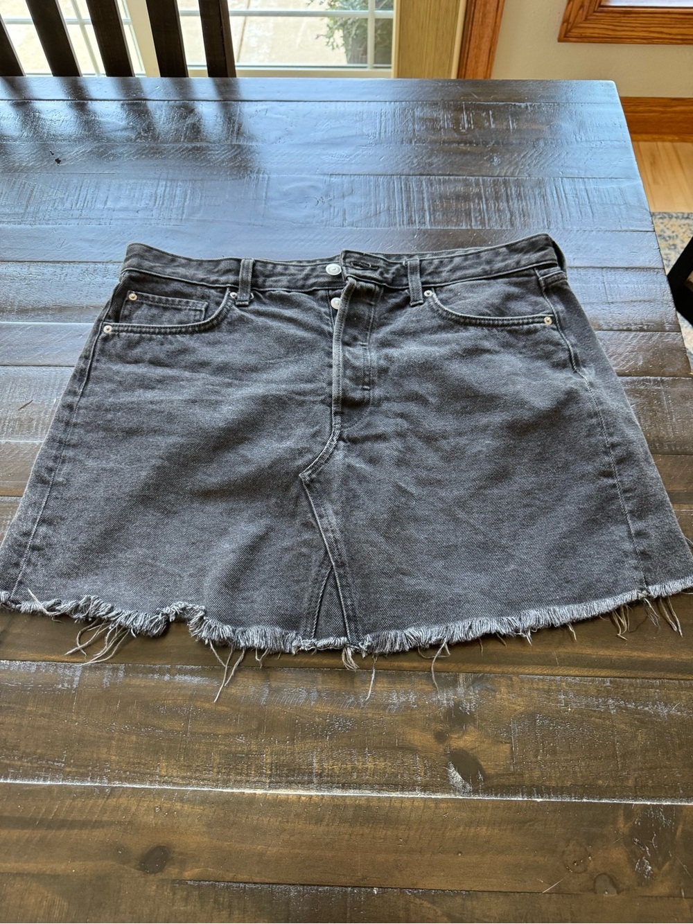 H&M Washed Charcoal Denim Mini Skirt with Frayed Hem